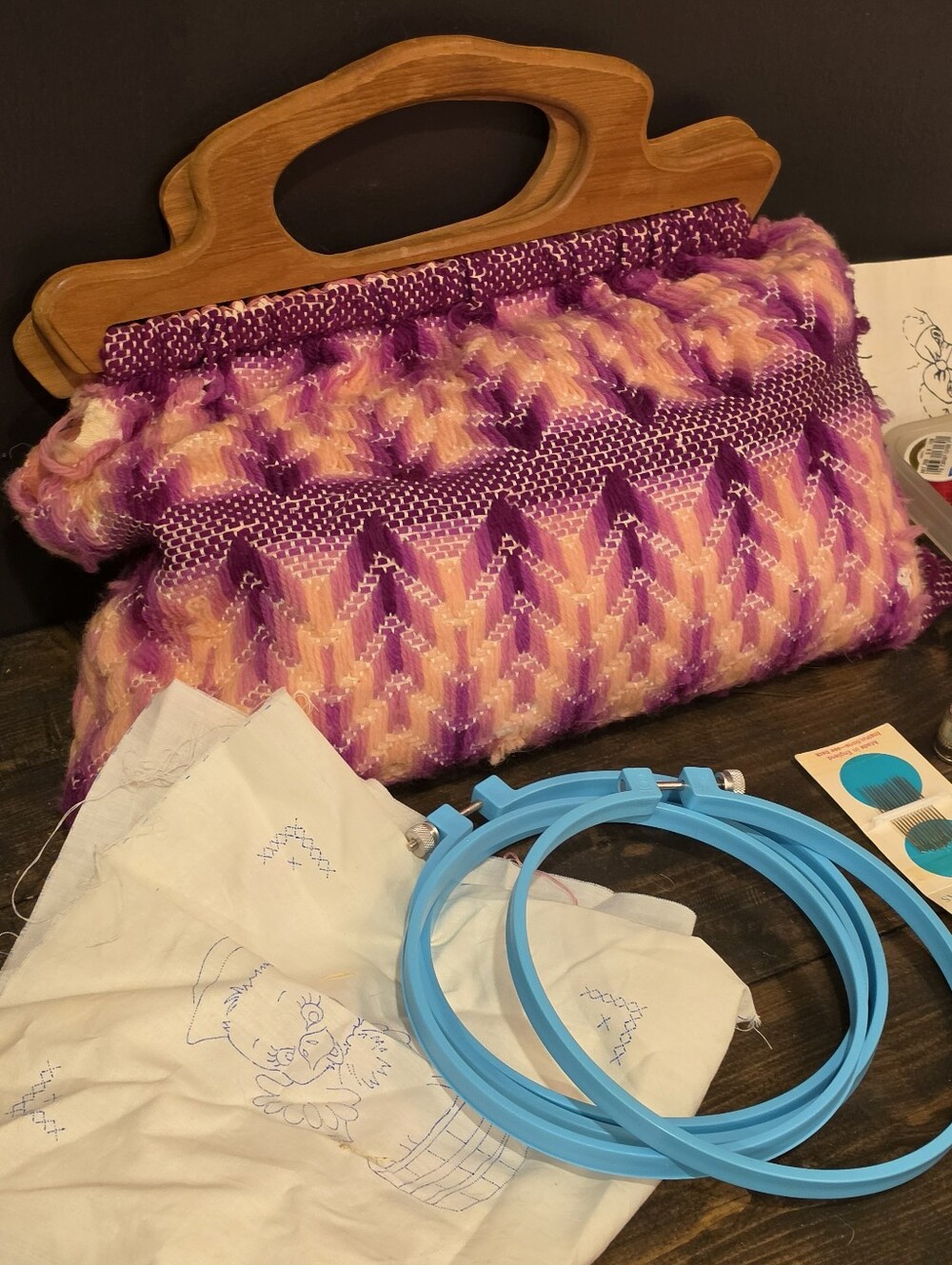 Vtg Craft Destash Lot Bargello Needlepoint Wood Handle Bag Embroidery Floss Hoop